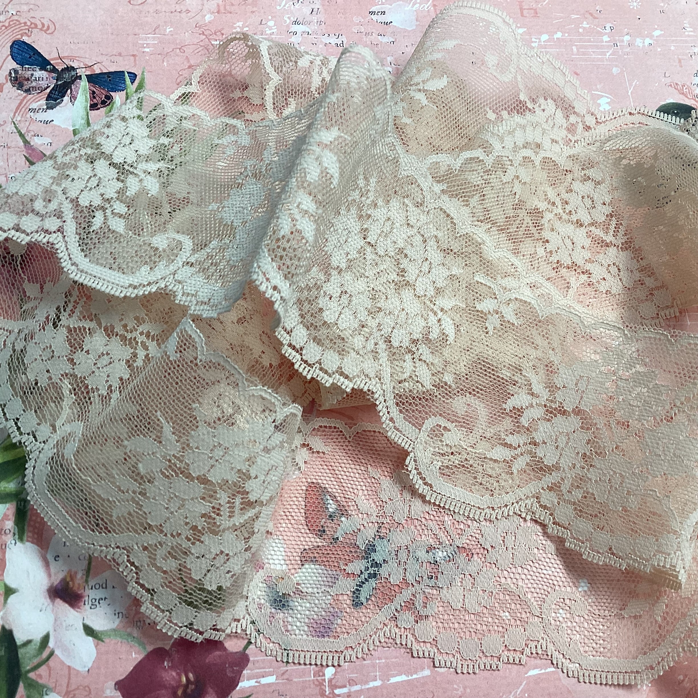 03F025D8-11A8-4052-BC9B-B4B95EE4D425 Scrapbooksrus Vintage Lace DOUBLE SCALLOP EDGE PEACH Ribbon Trim 2.5”X2yd - Image 1