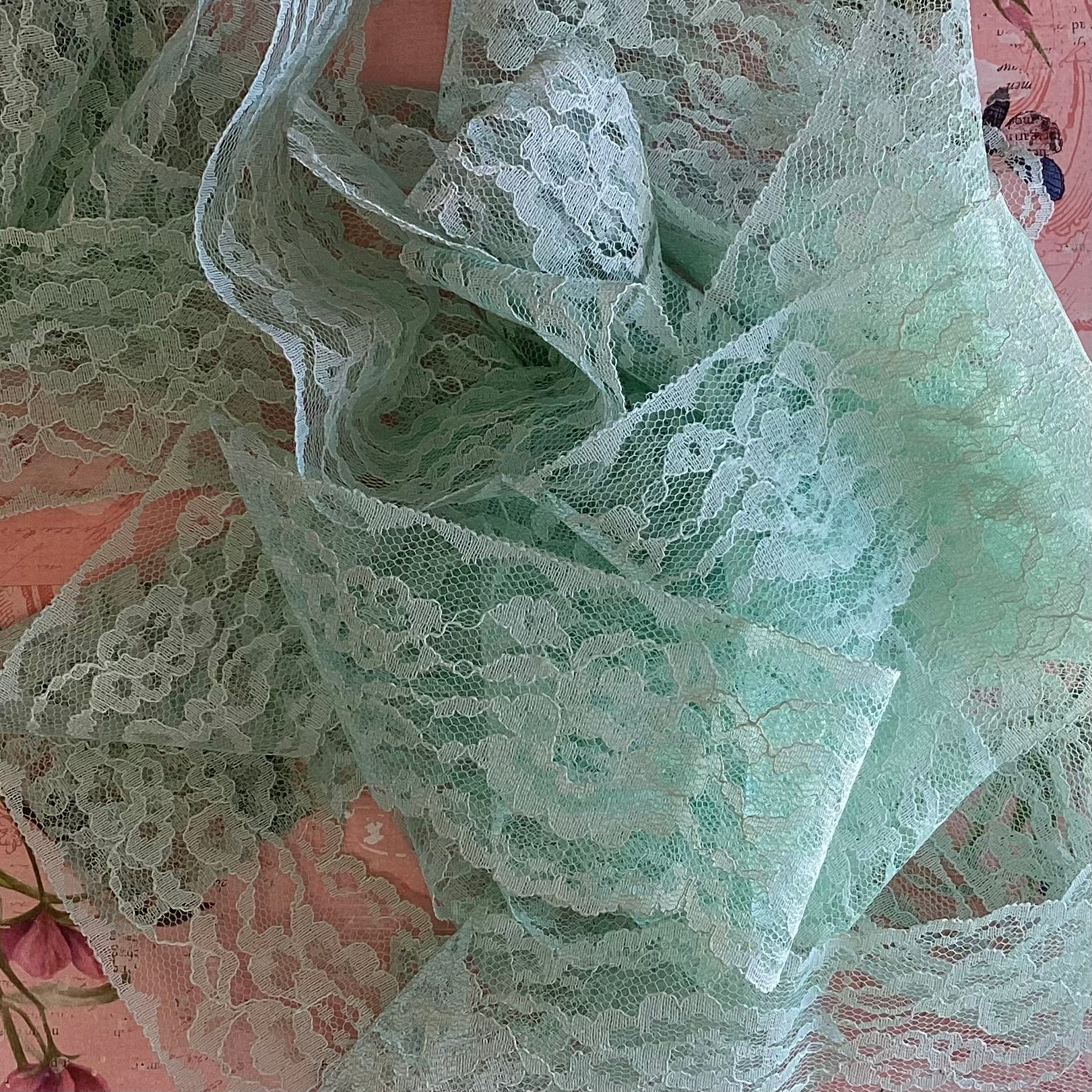 09789617-AF7B-4DD2-94B4-C9988BE0DBEB Scrapbooksrus Vintage Lace MINT FLOWER CENTER Ribbon Trim 2.75”X2yd - Image 1