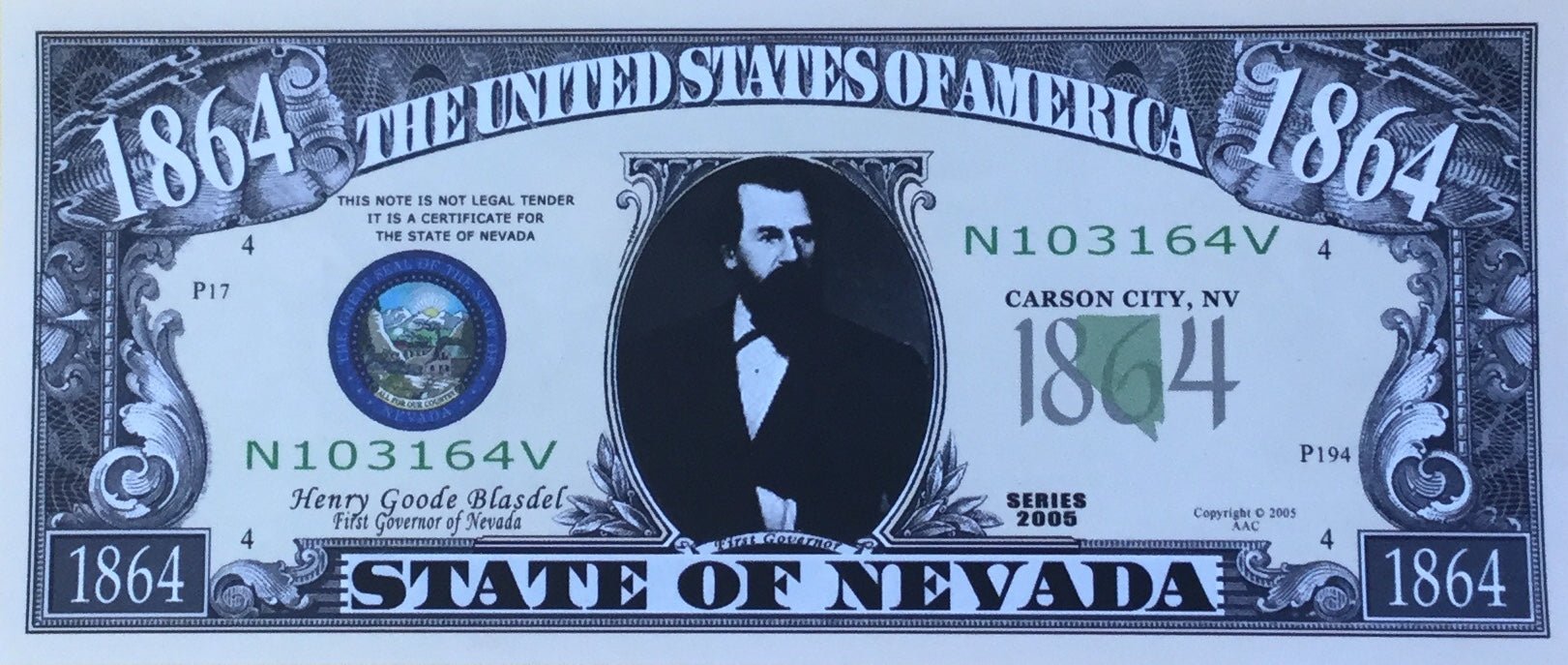 0ED7A9F0-7E57-409C-9369-D8B602B03702 Paper Money 1864 STATE OF NEVADA Novelty Dollar - Image 1