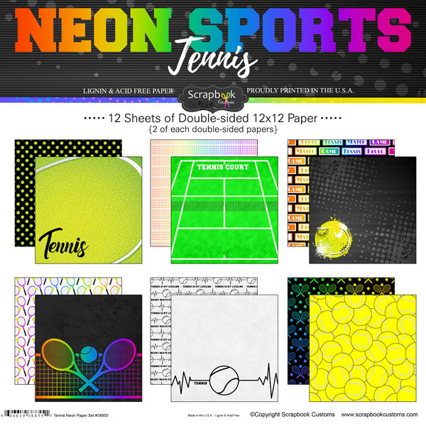 16DA7055-9311-42F1-89F2-0775C563C8C4 NEON SPORTS TENNIS KIT 12"X12" Scrapbook Paper 12 Sheets - Image 1