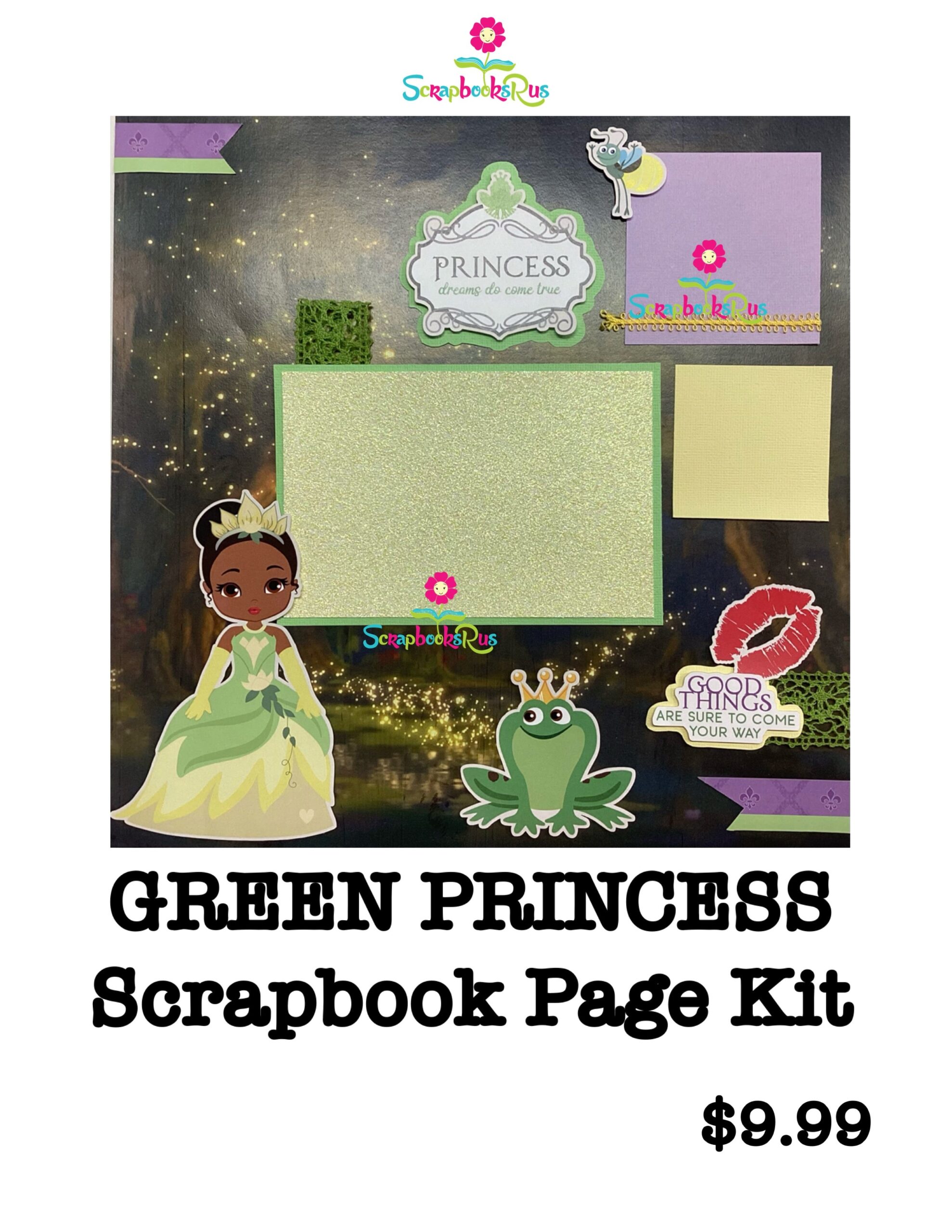 1E338519-5B93-4885-812B-AE166C423184 Scrapbooksrus GREEN PRINCESS PAGE KIT Like Tiana Princess And The Frog - Image 1