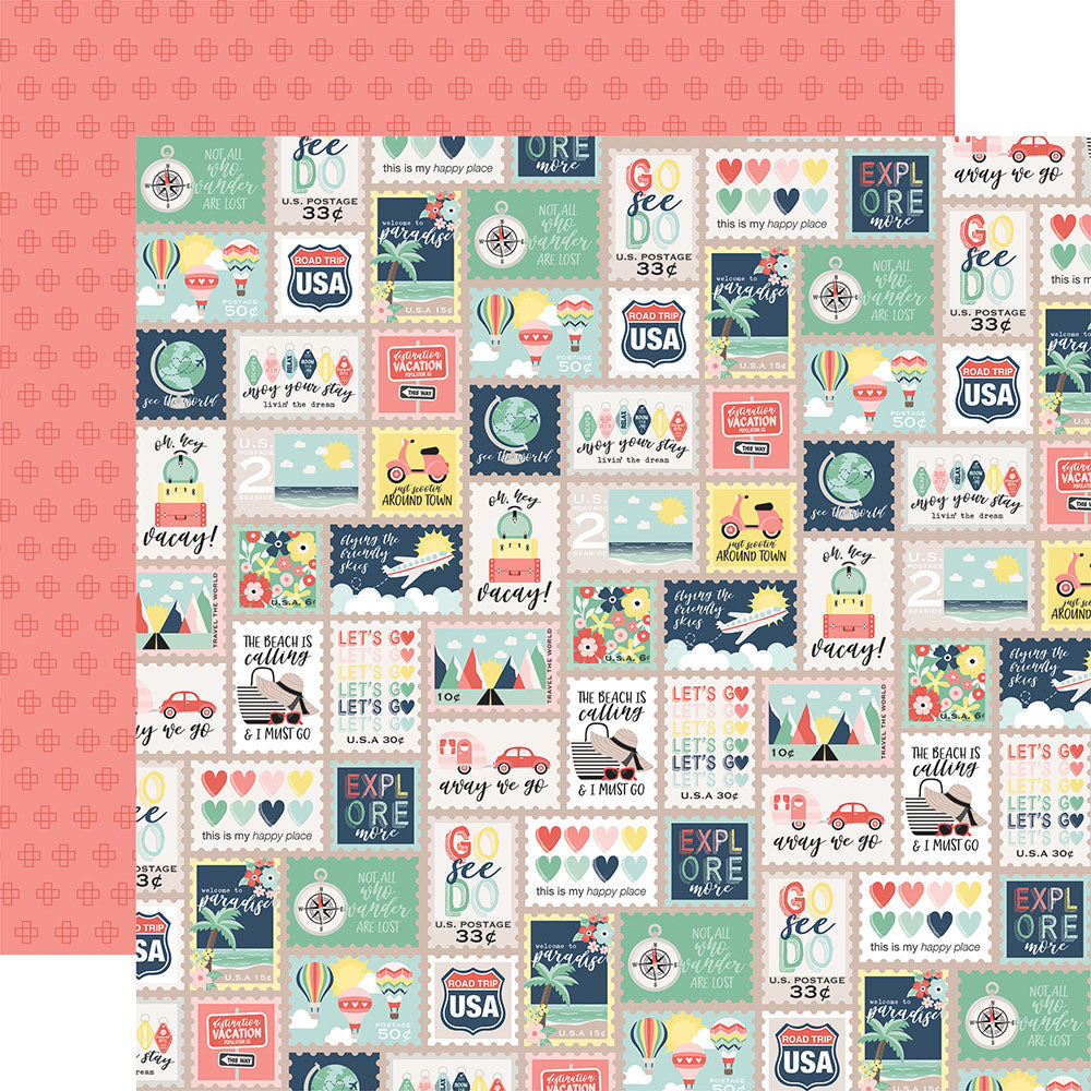 1F5C5433-262F-4DFF-A175-5FEEC3F66695 Echo Park Away We Go DESTINATION STAMPS 12"X12" Scrapbook Paper - Image 1