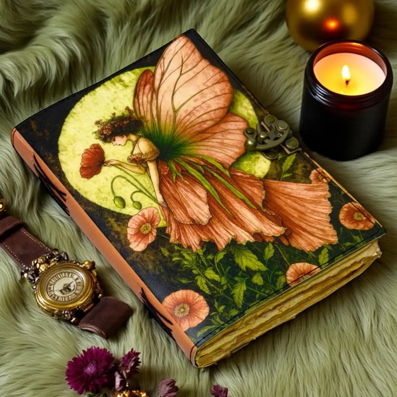 20586bb384ffedb9e7c576309a944222ee580e8a89456c207e0fc9ea48ce905f Soft Leather Journal Grimoire WICCAN FAIRY Lock Blank A7 - Image 1