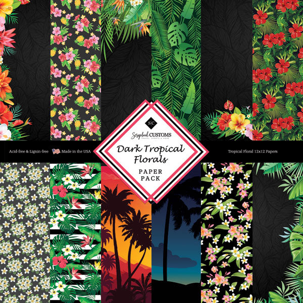 21563B12-2658-4212-A474-AD6A1EDCE250 Scrapbook Customs DARK TROPICAL FLORAL 12”X12” Paper Pack - Image 1