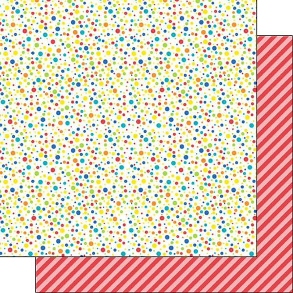 29C394FB-5886-436D-BC7A-46FBEF5524AC HAPPY BIRTHDAY MULTI DOT & RED STRIPE 12"X12" Scrapbook Customs Paper - Image 1
