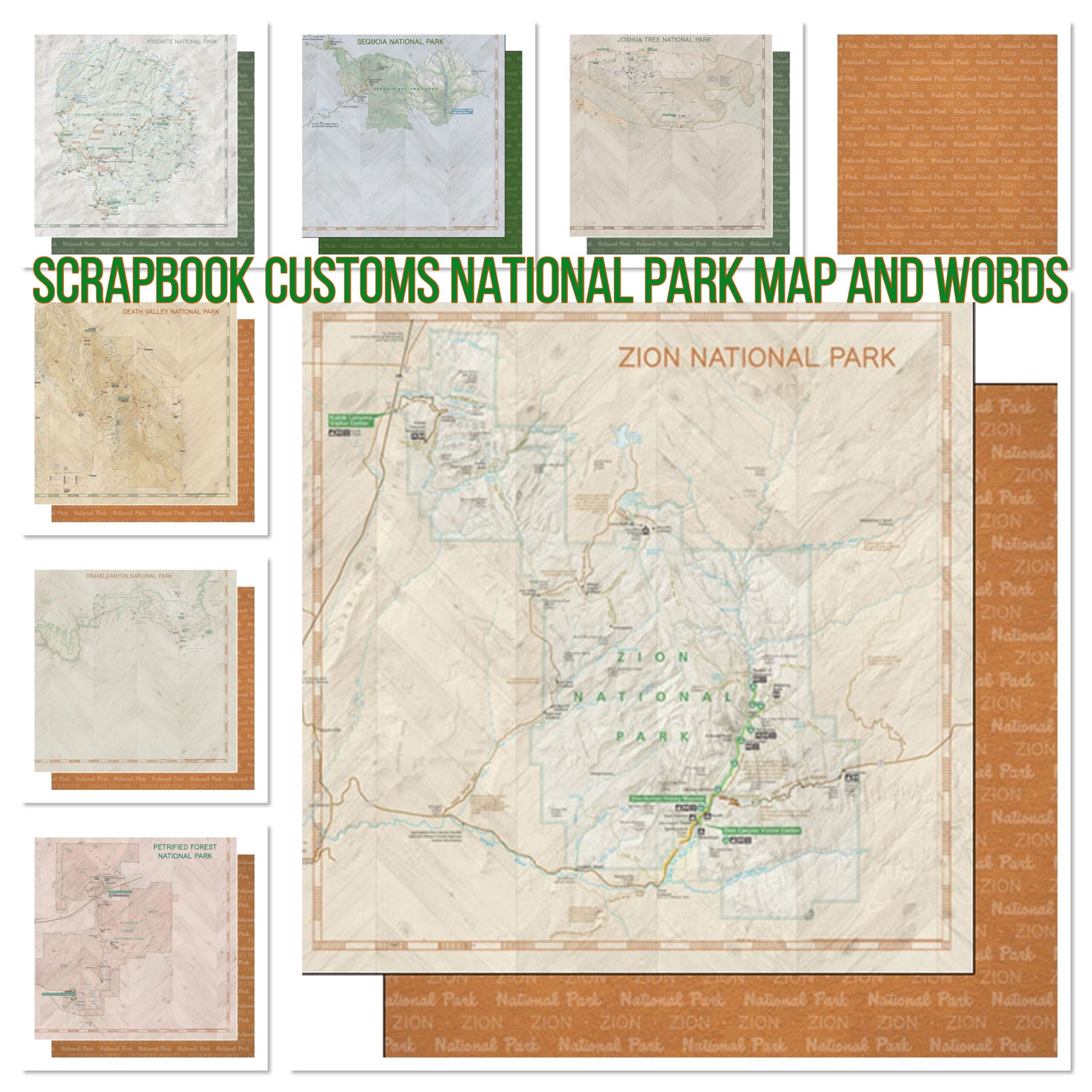 2D4FC5FB-E82E-42ED-9072-7ACD2D812338 Scrapbook Customs NATIONAL PARK MAP AND WORDS 12"X12" Scrapbook Paper - Image 1