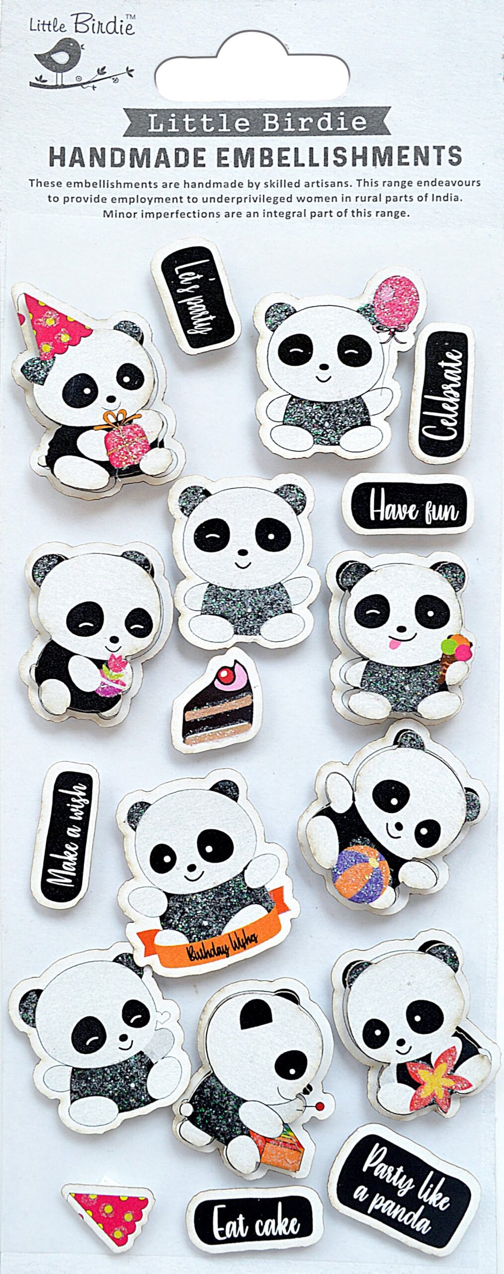 2DF009C3-A901-463F-BF5F-A9DD377313E5 Little Birdie PANDA PARTY Handmade Embellishments 18PCS - Image 1