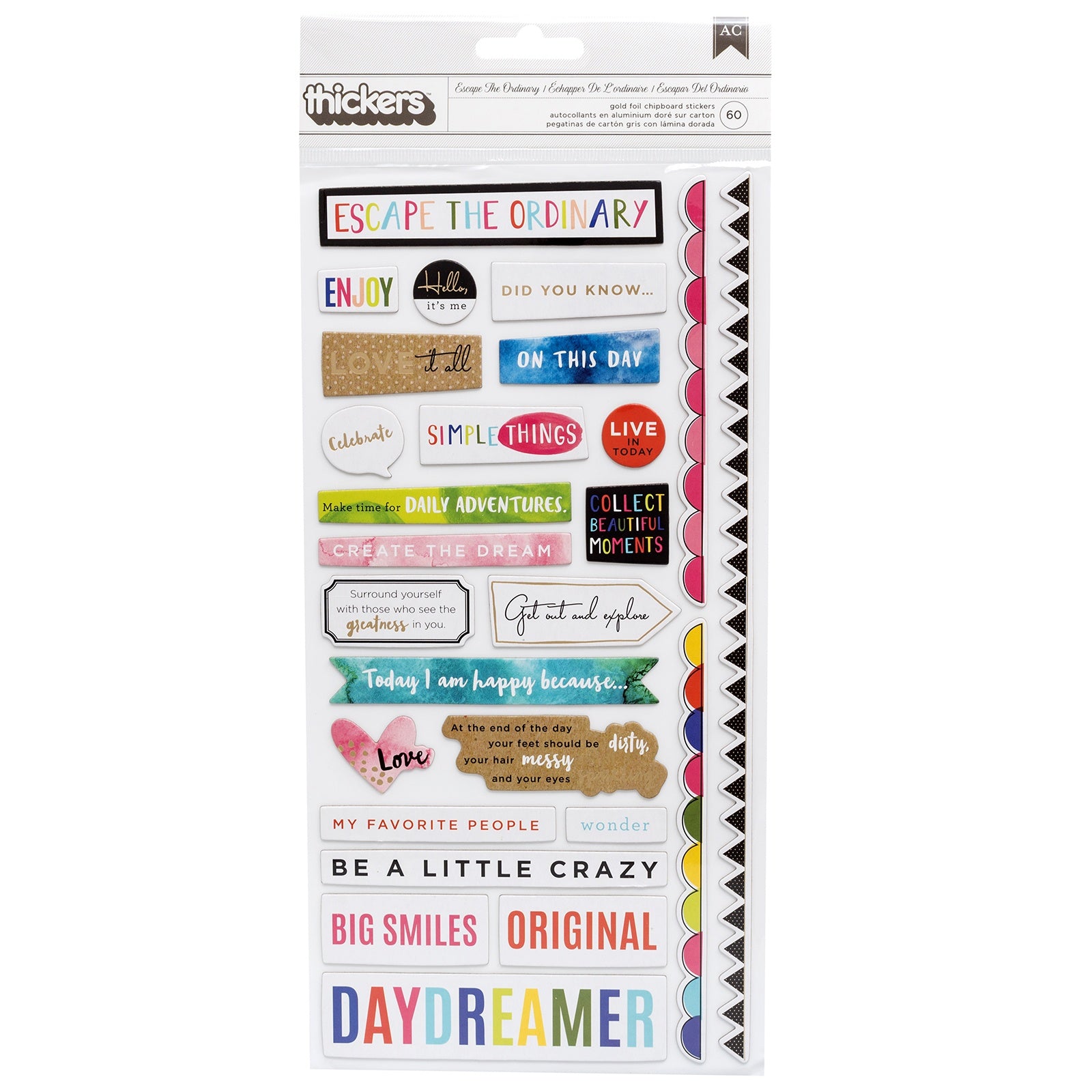 343746PK Thickers Vicki Boutin ESCAPE THE ORDINARY Gold Foil Chipboard Phrase Stickers - Image 1