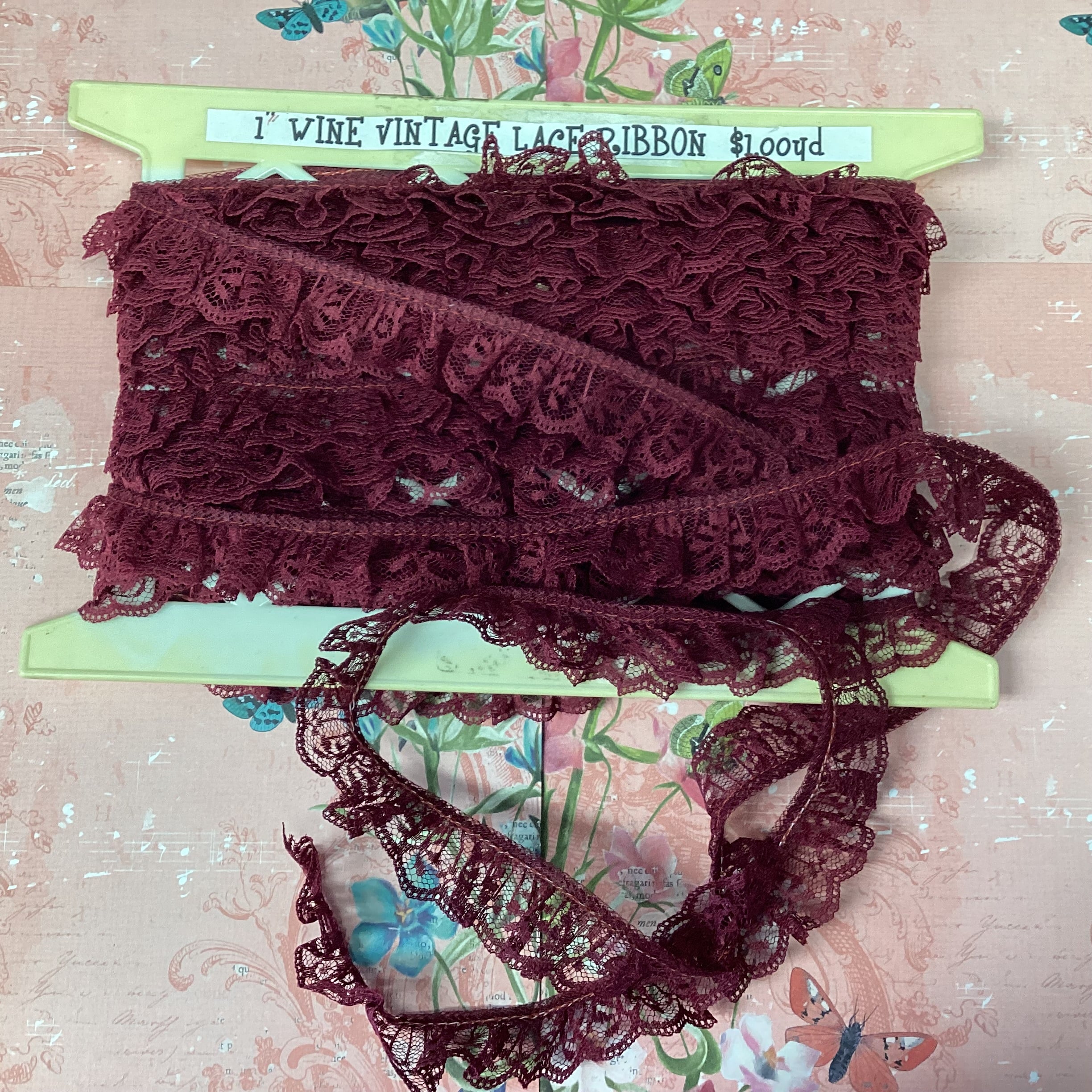 388CE615-4E1E-4CF3-A1C2-A5A056F91F39 Scrapbooksrus Vintage Lace Pleated 1” Wine Ribbon Trim - Image 1