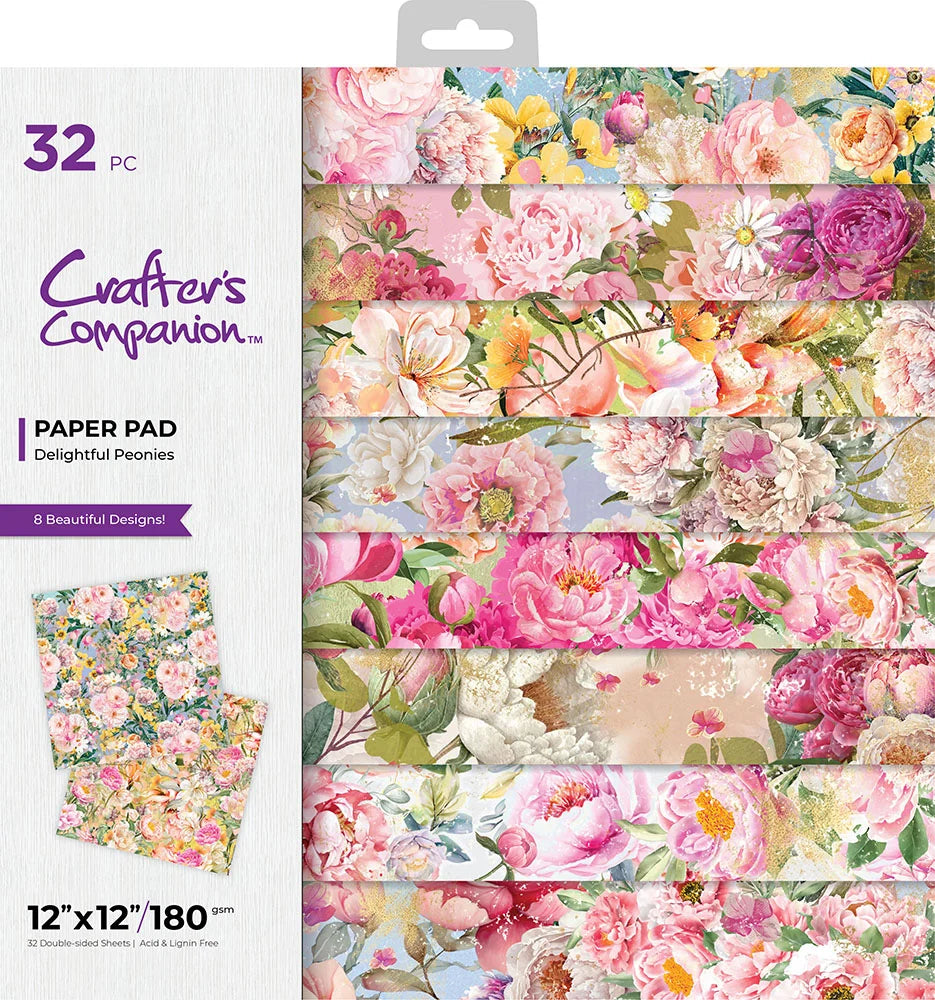3E88567C-2B6D-4A94-98A5-C4065777882C Crafters Companion DELIGHTFUL PEONIES 12X12 Paper Pad 32pc - Image 1