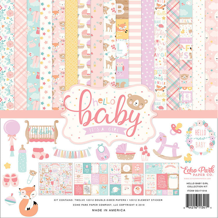569FAD77-A154-4E50-9E11-EF33C9E68834 Echo Park HELLO BABY GIRL 12"X12" Scrapbook Collection Kit - Image 1