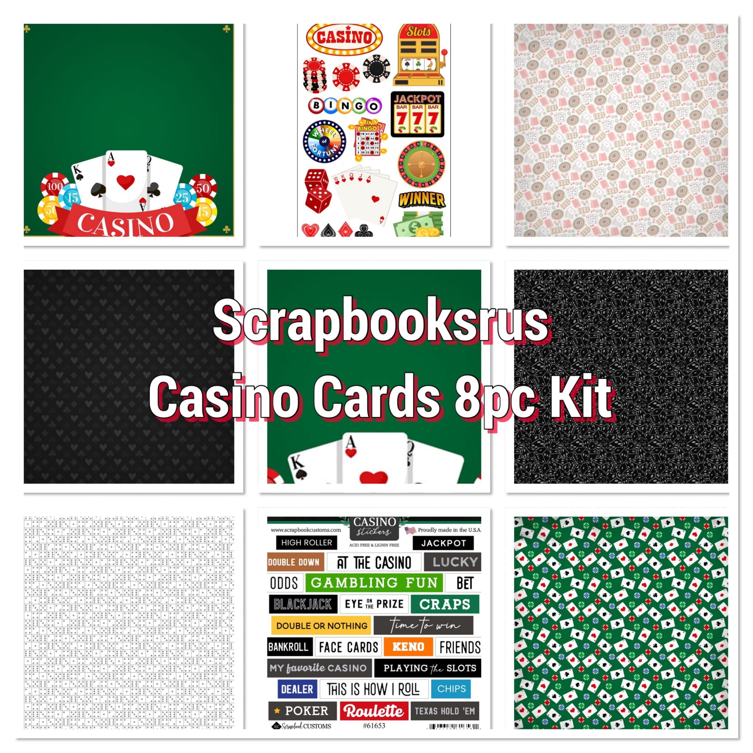 6026A824-680C-4B54-BDB6-12BF4F645338 Scrapbooksrus CASINO CARDS KIT 12"x12" Scrapbook Paper Diecuts 8pc - Image 1