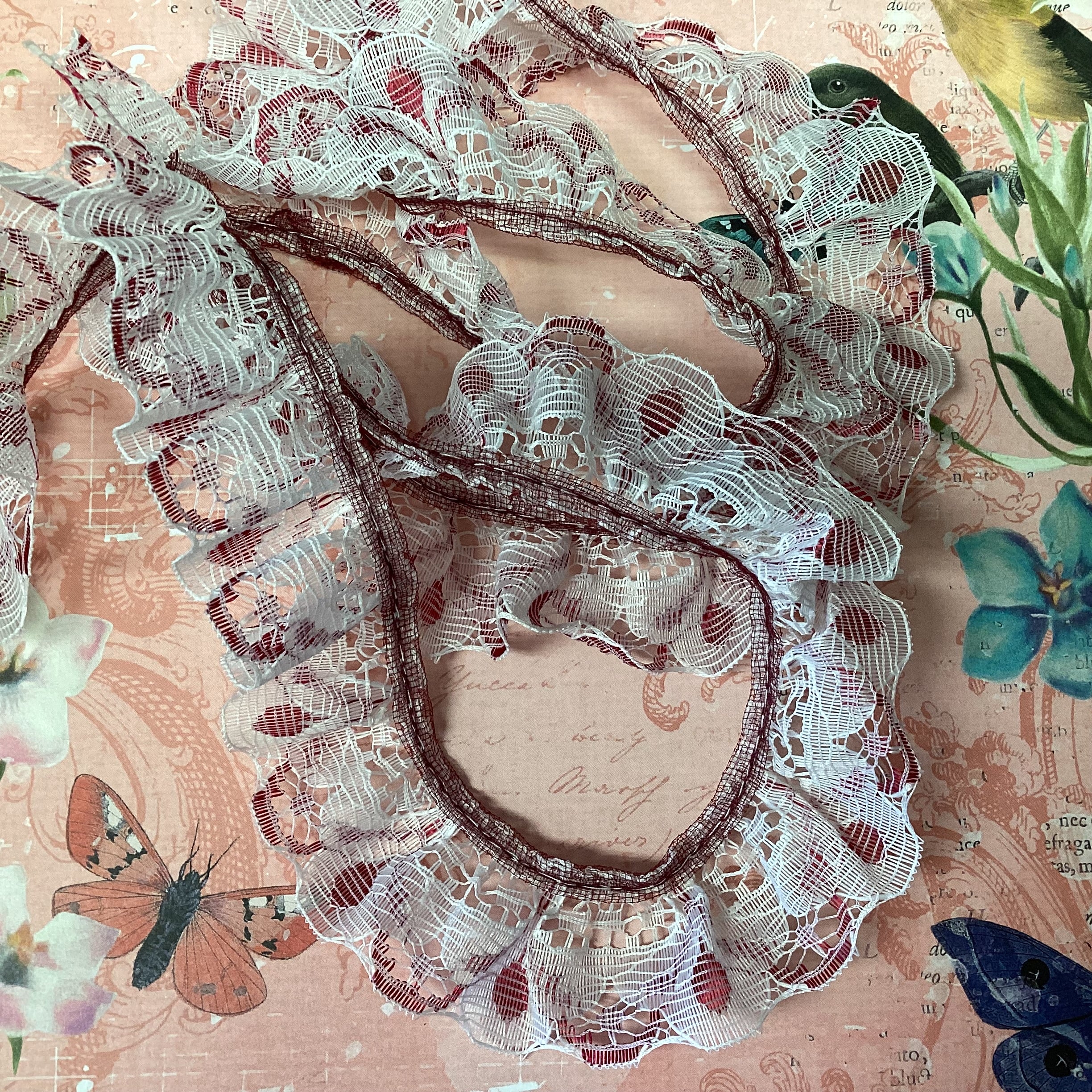 60A9A13A-057D-40DF-B680-0457B2C5B4C8 Scrapbooksrus Vintage Lace MAROON & WHITE SCALLOP BELL Ribbon Trim 1.25”X3ft - Image 1