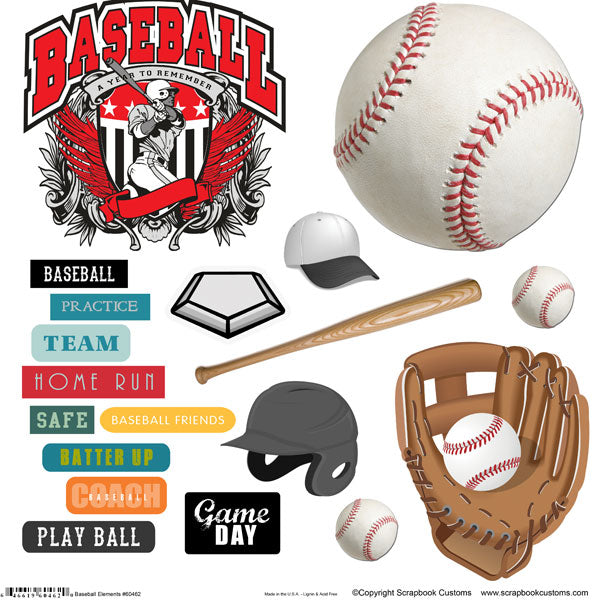 63BD6B09-FFB6-40A3-BF72-7439AF216853 BASEBALL ELEMENTS Sticker Cut Outs 12"X12" Scrapbook Customs - Image 1