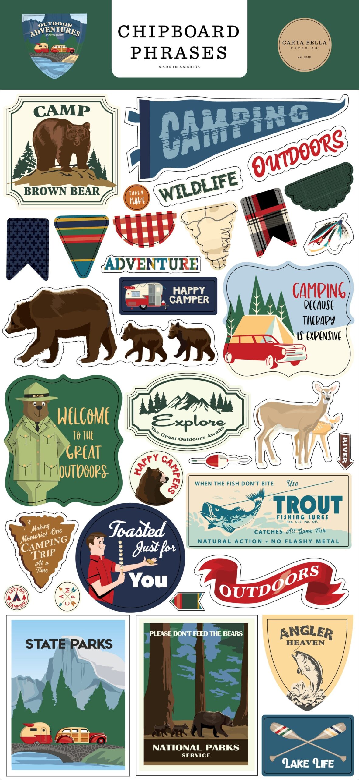 647981MK Carta Bella OUTDOOR ADVENTURES Chipboard Phrases 33pc 6”X12” - Image 1