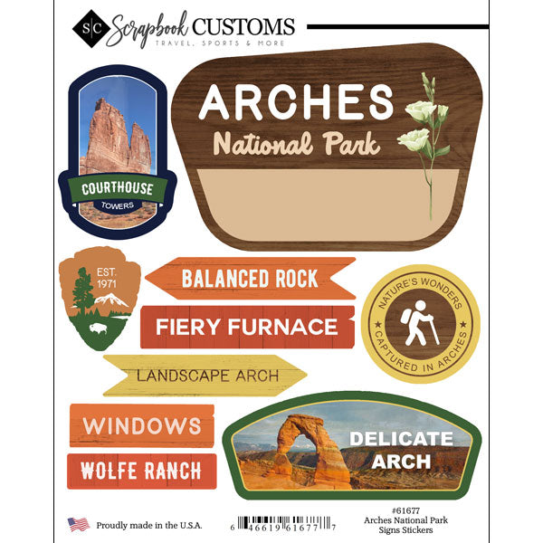 67B8AF54-8581-4242-96C8-758DE443D357 Scrapbook Customs ARCHES NATIONAL PARK SIGNS Sticker 10pc - Image 1