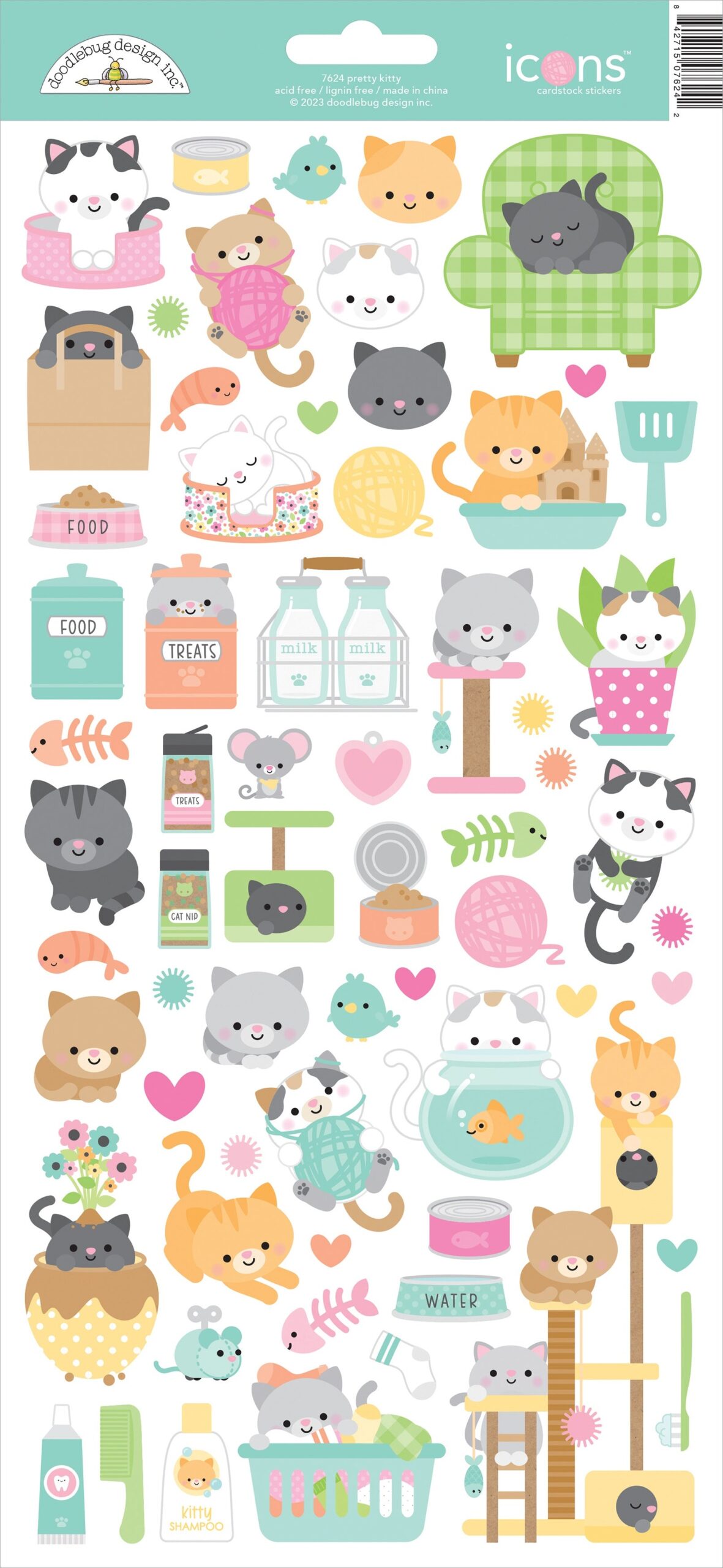 690022PK Doodlebug PRETTY KITTY ICONS Cardstock Stickers 6X12 - Image 1