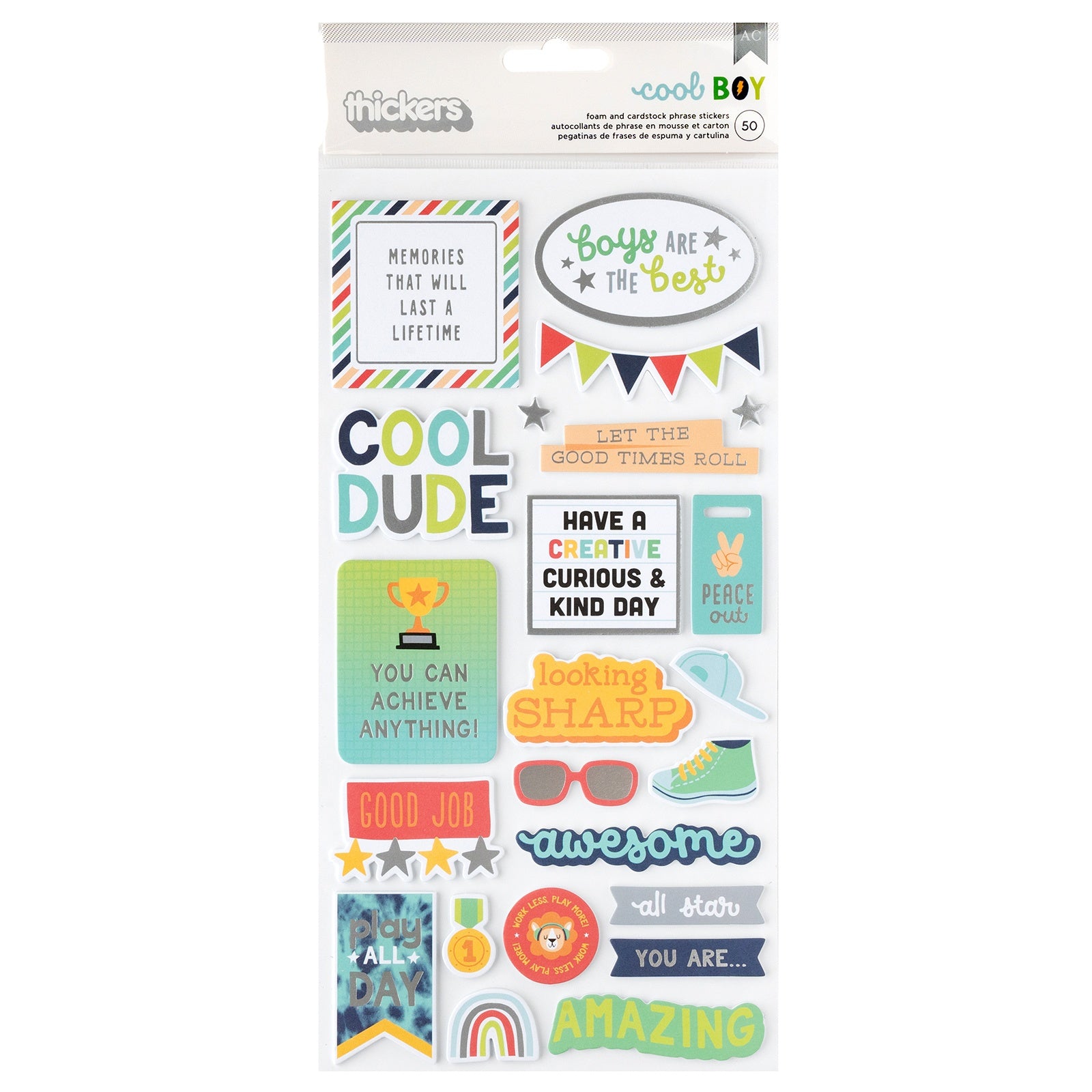 698564PK American Crafts Thickers COOL BOY Foam And Cardstock Phrase Stickers 50pc - Image 1