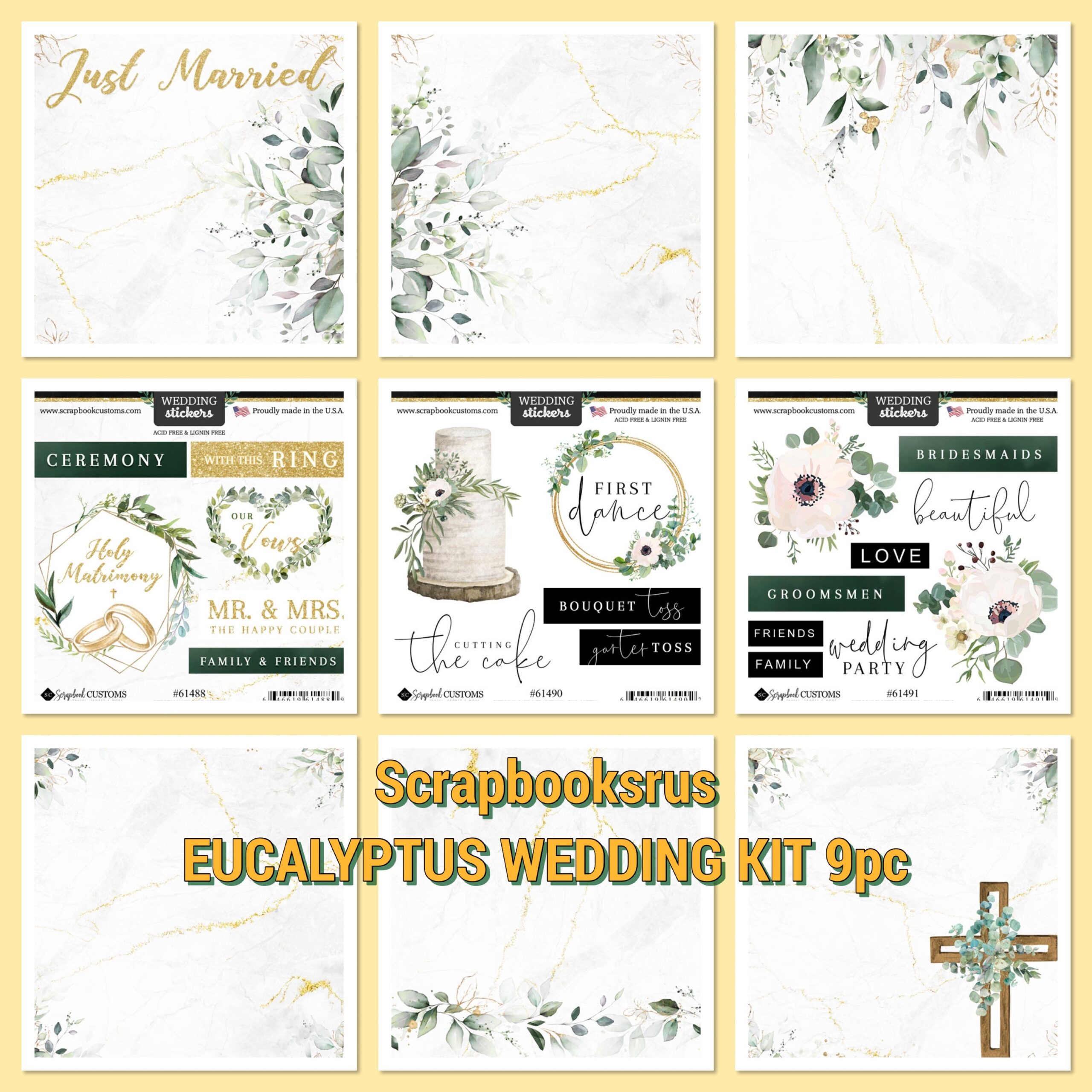 7060FBC9-C2F0-424D-AFD2-574F1A2E2B9D Scrapbooksrus EUCALYPTUS WEDDING KIT 12"x12" Scrapbook Paper Stickers 9pc - Image 1