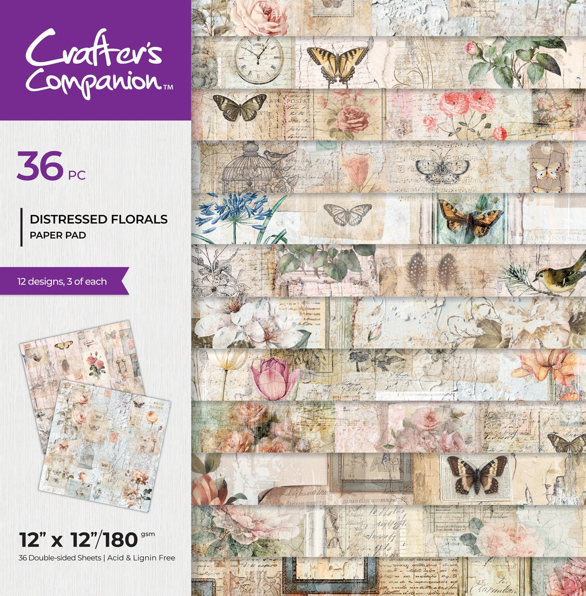 716377PK Crafter’s Companion DISTRESSED FLORALS 12”X12” Paper Pad 24 Sheets - Image 1