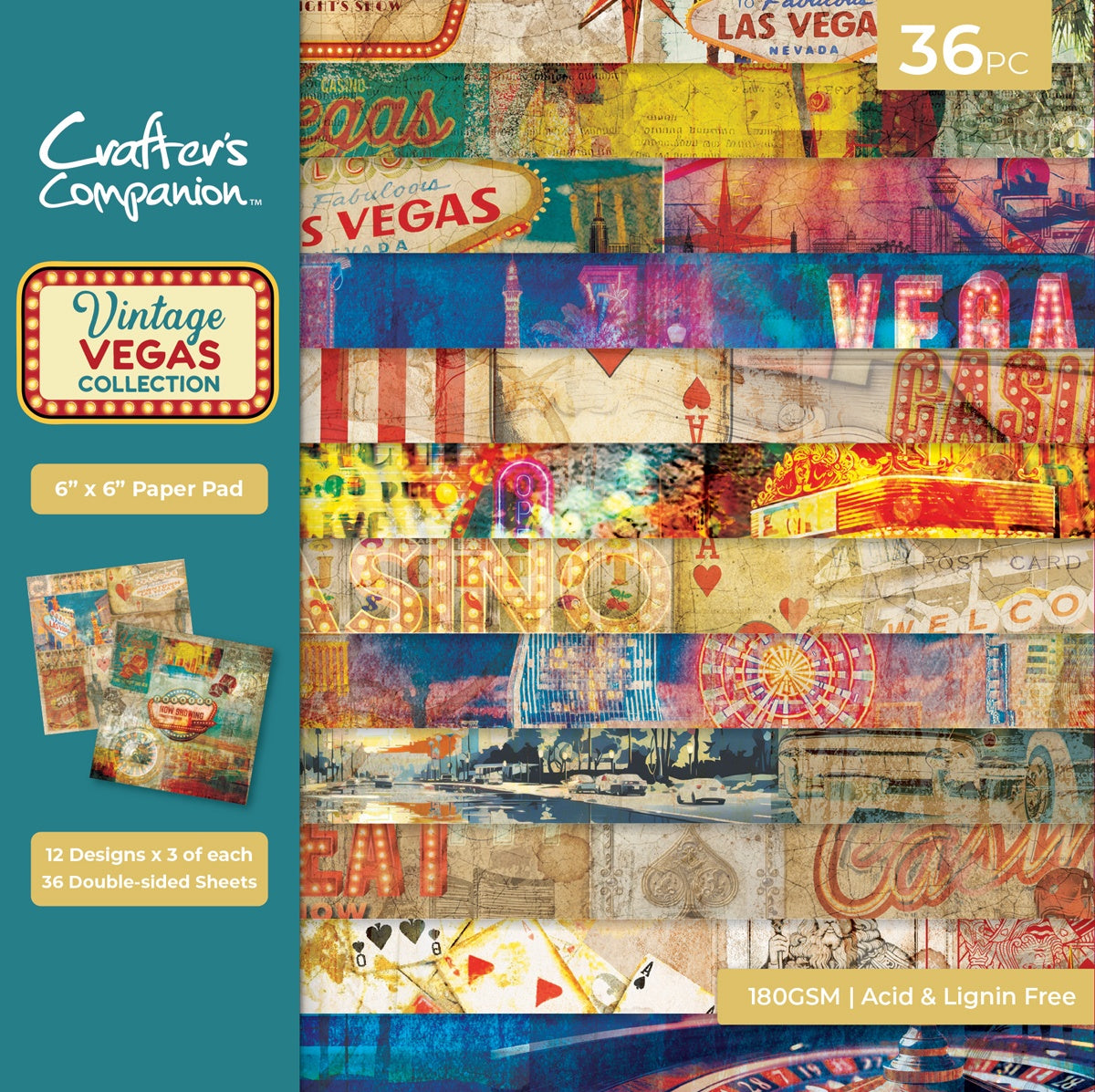 716394PK Crafter’s Companion VINTAGE VEGAS Collection 6X6 Paper Pad 36 Sheets - Image 1