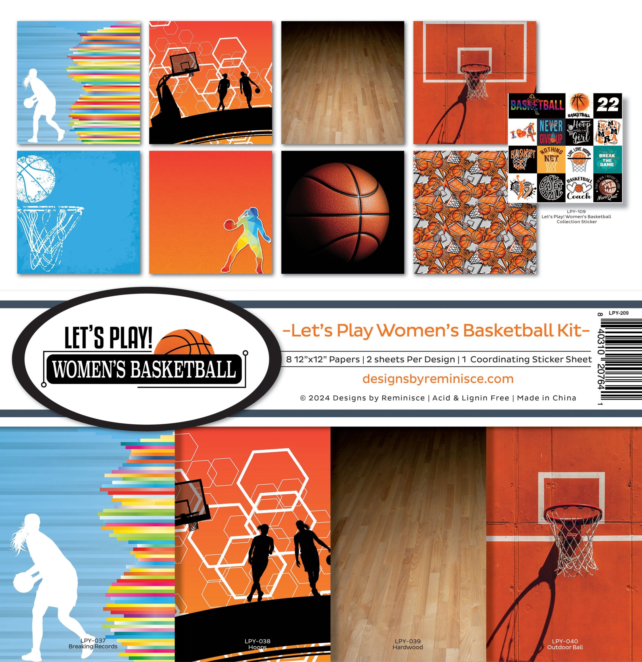 720053PK Reminisce LET’S PLAY WOMEN’S BASKETBALL KIT 12"X12" Scrapbook Paper 9pc - Image 1