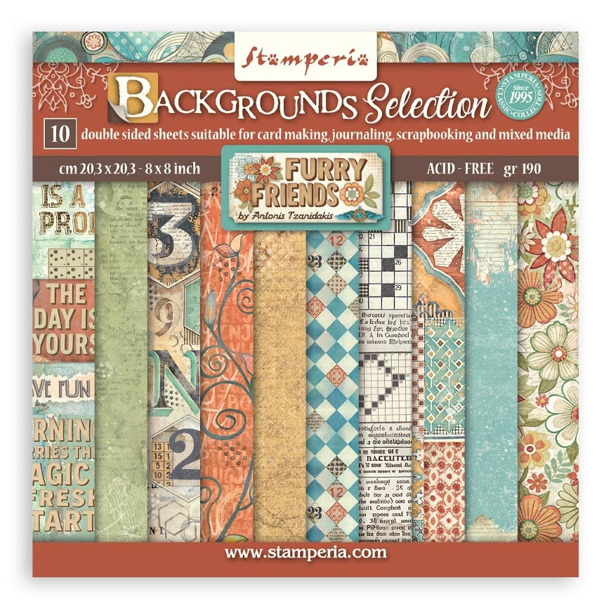 733228PK Stamperia Furry Friends BACKGROUNDS SELECTION 8"X8" Scrapbook Paper Pack - Image 1