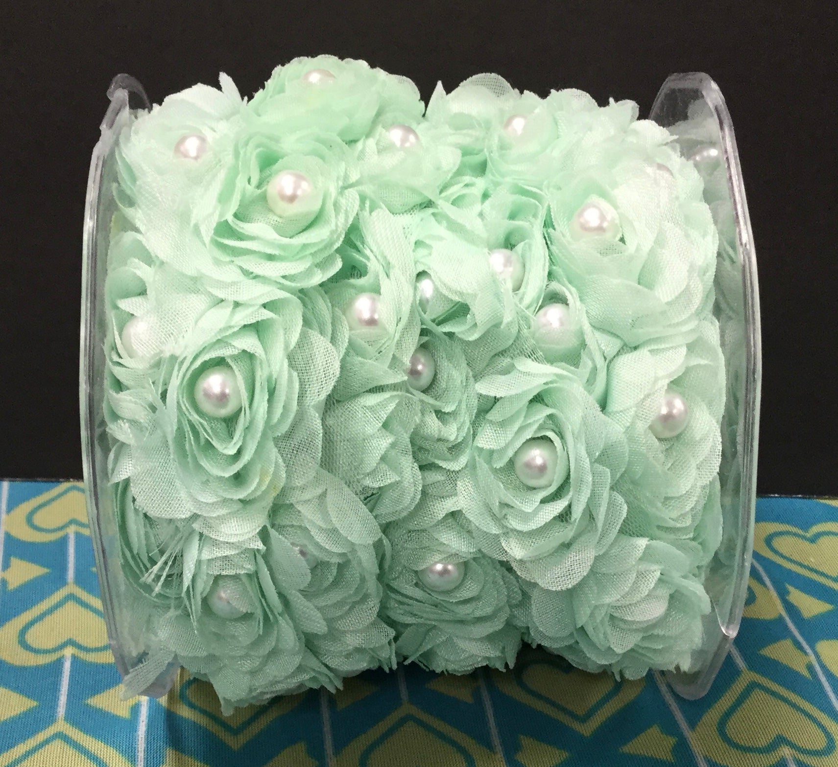 7FF9CD6E-32B3-4398-8EB5-344603BB5036 Scrapbooksrus Pearl Ribbon Roses MINT GREEN 1 yard Trim - Image 1