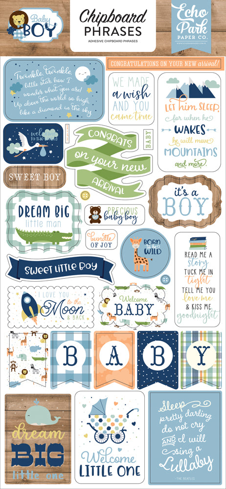 8B771697-7245-40AB-AB95-9004C081A14E Echo Park BABY BOY Chipboard Phrases 6"x12" 28pc - Image 1