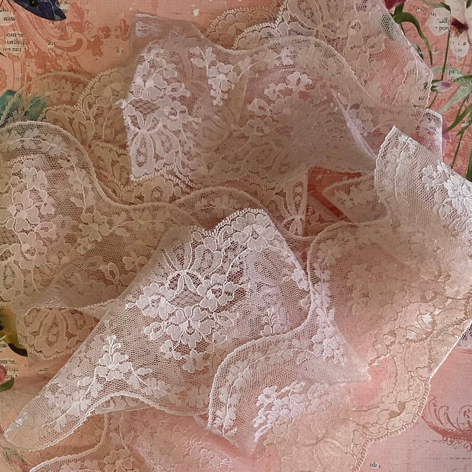 8EC7A480-E422-4E61-8EA7-20B601817A17 Scrapbooksrus Vintage Wedding Lace POWDER PINK FLORAL Ribbon Trim 3.75”X1yd - Image 1