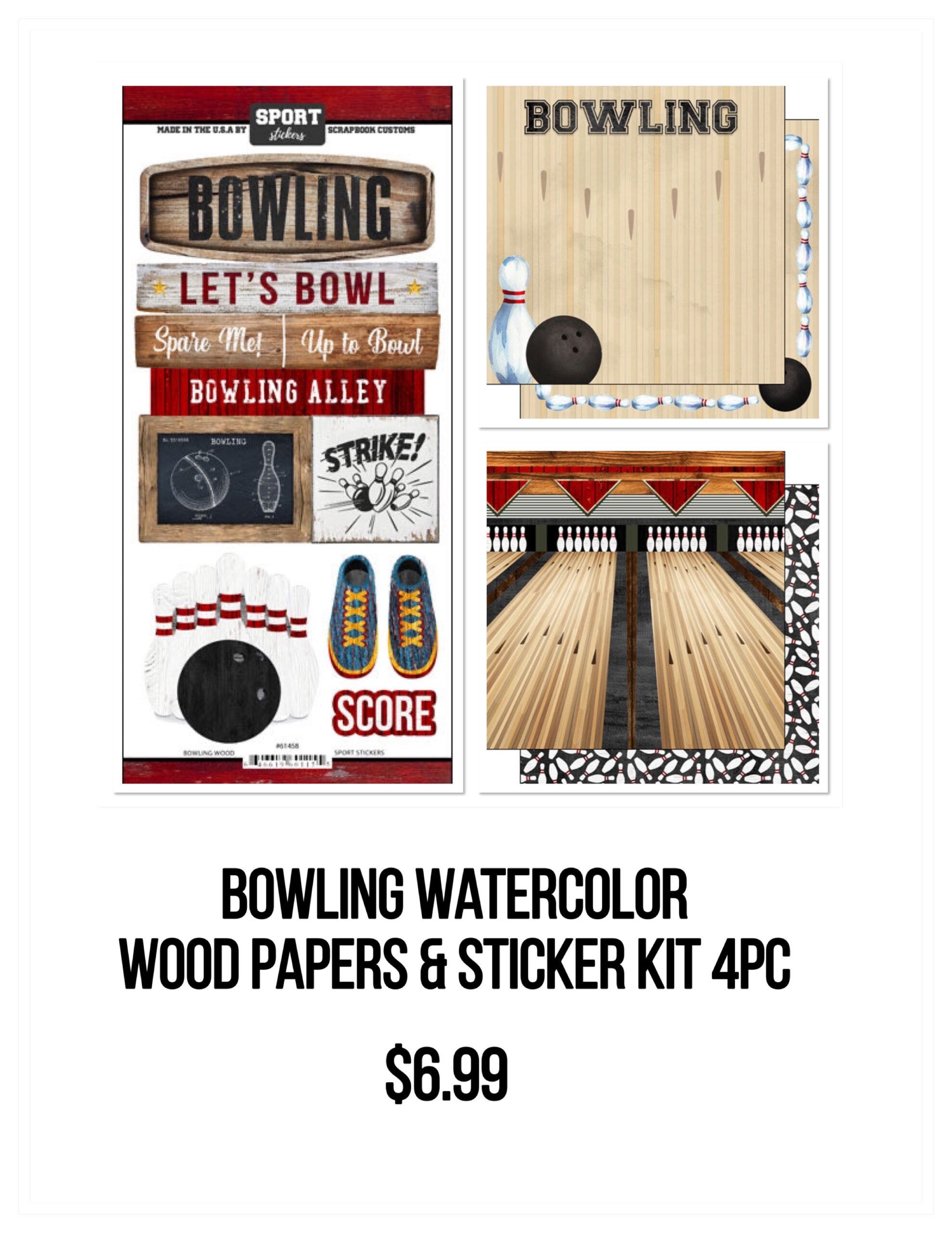 92665946-955F-4F82-9CC5-C855A23A2CDD BOWLING Watercolor Wood Papers & Sticker Kit 4pc - Image 1