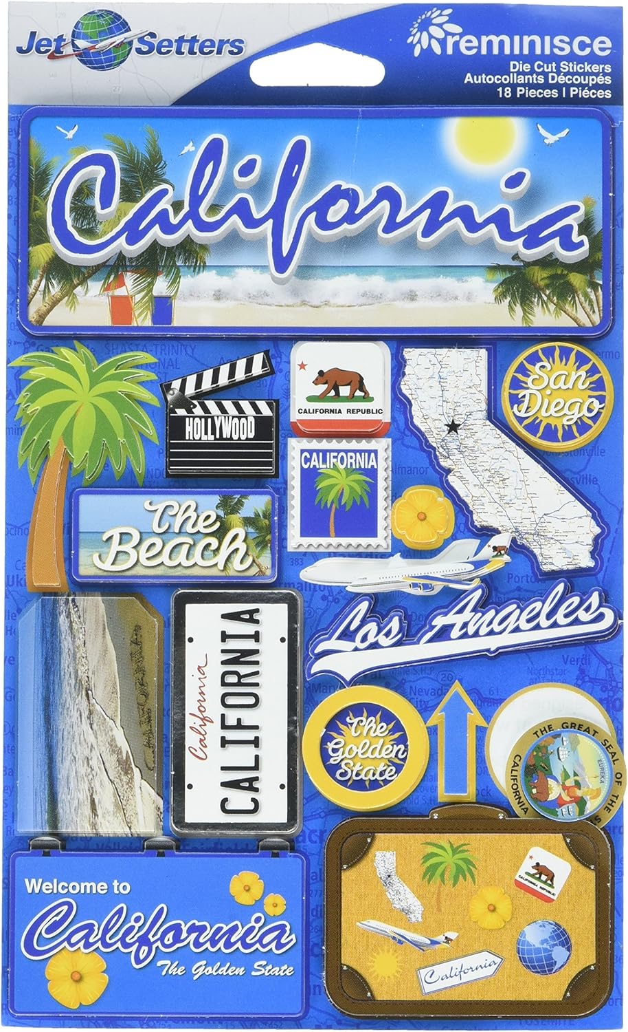 980BBCC6-425E-4B73-8524-AA001A15A8D6 Reminisce Jet Setters CALIFORNIA DieCut Stickers 18pc - Image 1