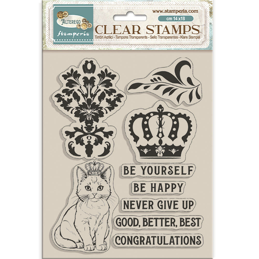 9E554043-F6BC-4EA4-B62C-F0F6D336770A Stamperia Alterego CROWN AND CAT Clear Stamps 9pc - Image 1