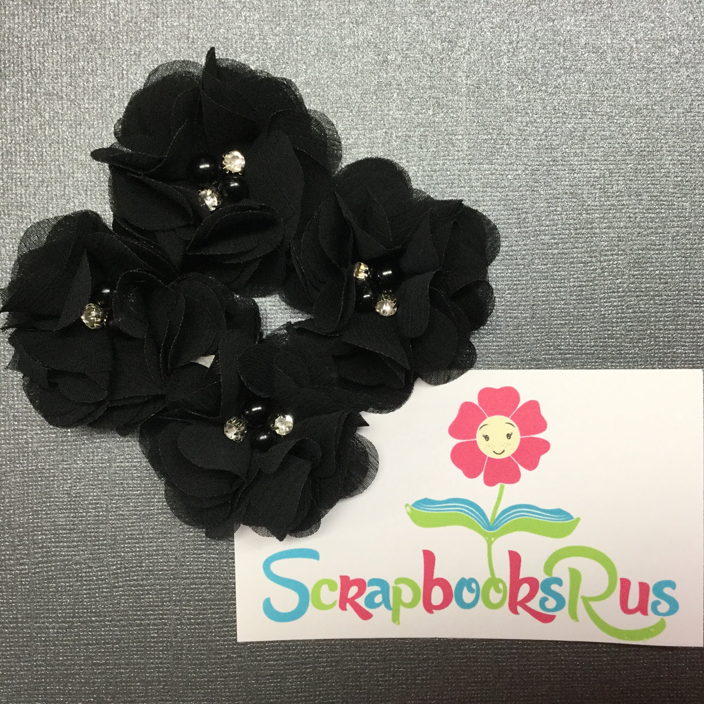 A1F951D7-7EDF-47FC-9336-1A60882DB9DF Chiffon Fabric Flowers BLACK with Pearl & Rhinestone Centers 4pc - Image 1
