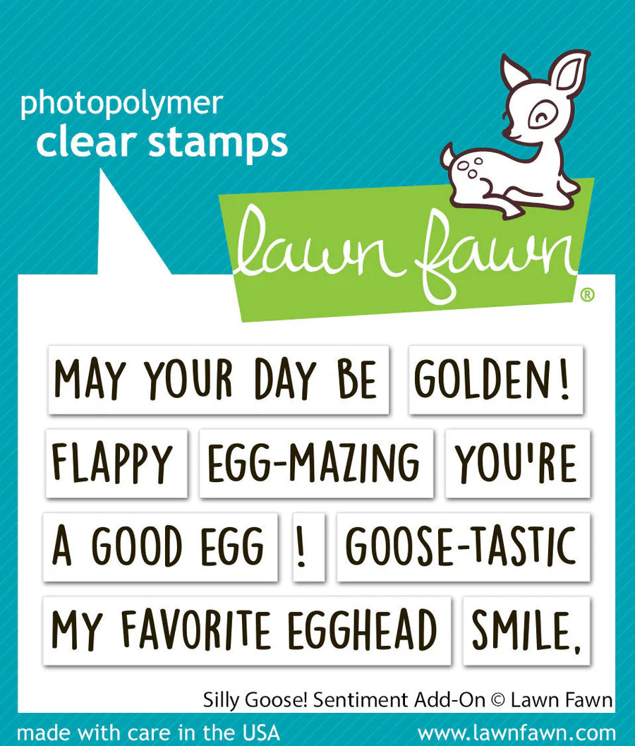 B211EDE3-F5C4-45A7-96C0-7E07DEE3BAD9 Lawn Fawn SILLY GOOSE SENTIMENT ADD-ON Clear Stamps 10pc - Image 1
