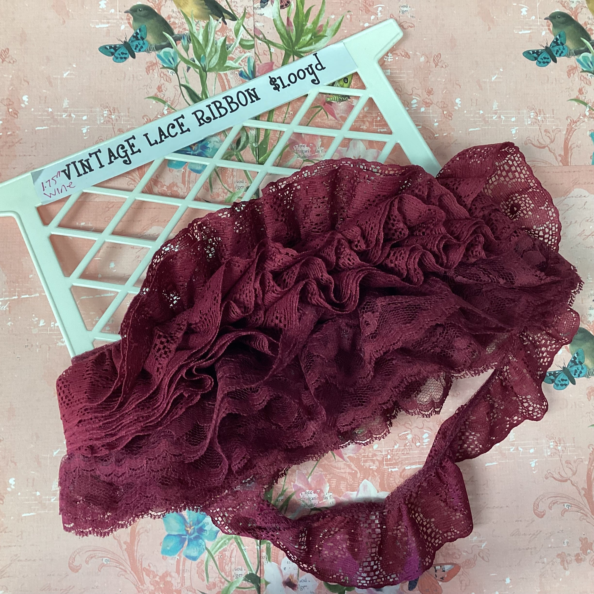 BD45A341-C914-4E28-97A4-F3CAE862624B Scrapbooksrus Vintage Lace Pleated 1.75” Wine Ribbon Trim - Image 1