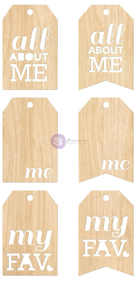 C2EE26CC-B790-4996-896D-2297A31457E2 Prima All About Me TAG ME Wood Embellishments 6pc - Image 1