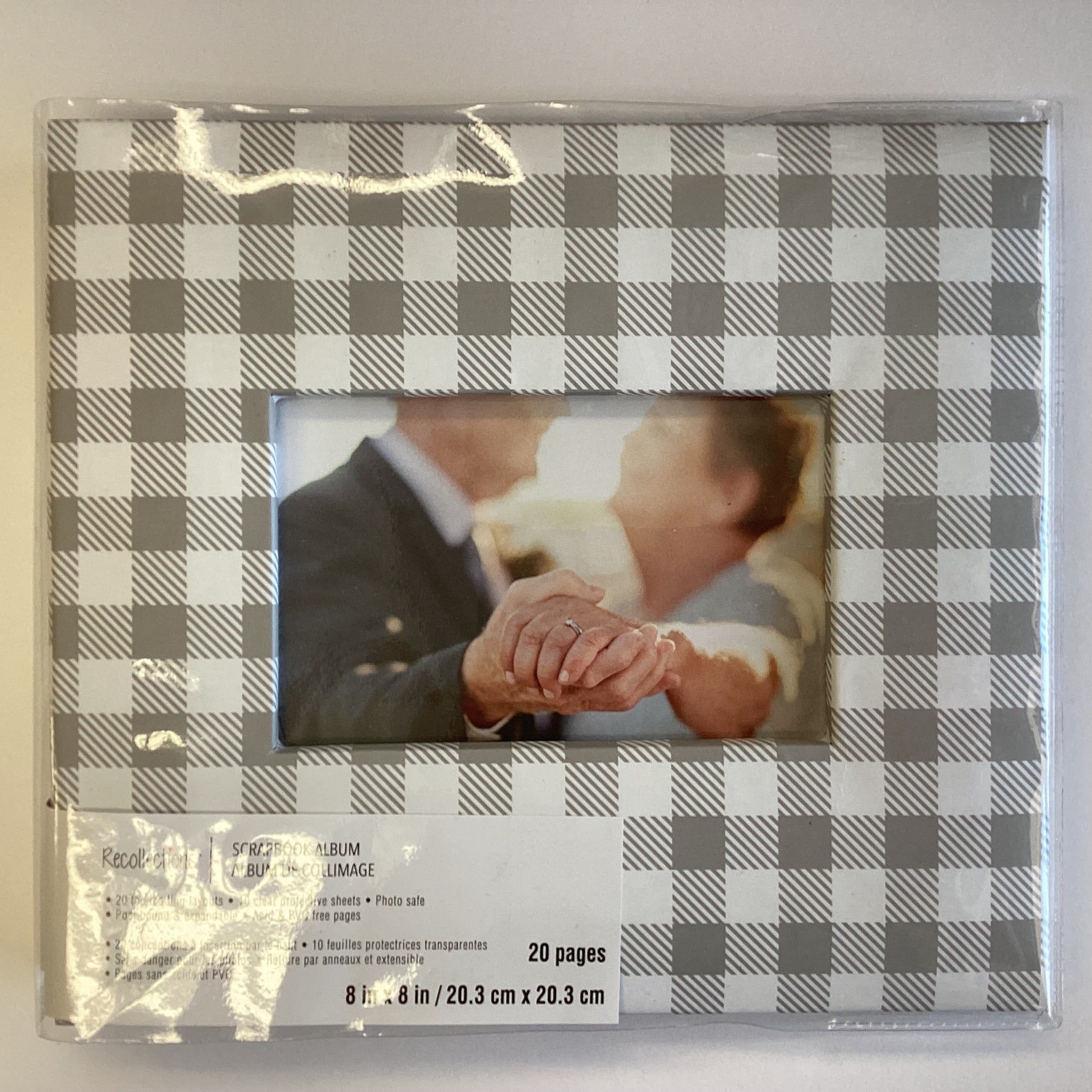 CA35B8E8-CF60-4453-9CD3-F32B6B19F6BA Postbound Album GRAY WHITE PLAID Frame 8"X8" Scrapbook Memory Book - Image 1