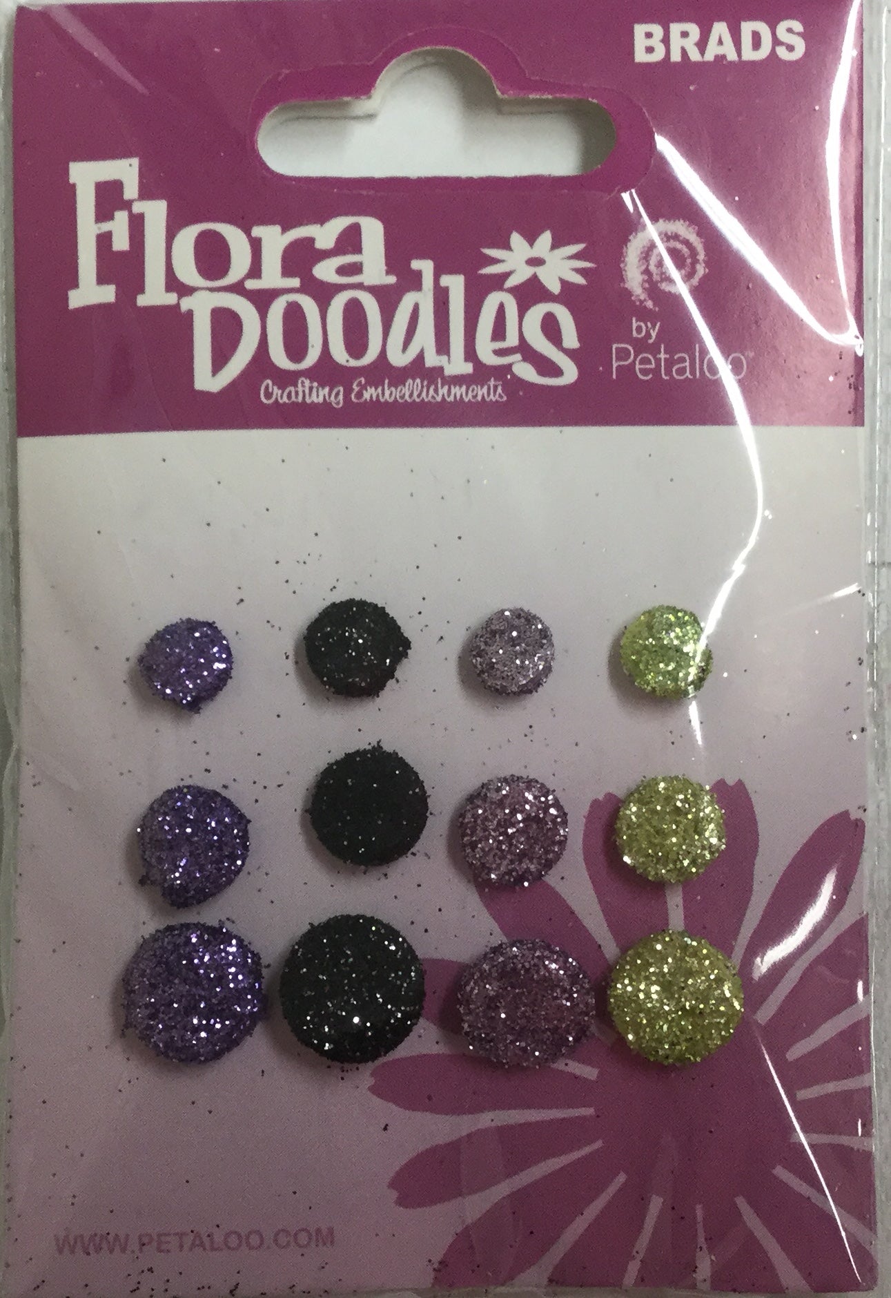 CAF6DC64-C7CD-49C2-8EC3-0CDA014207DA Petaloo Flora Doodles PURPLE/BLACK/LAVENDER/GREEN Brads 12pc - Image 1