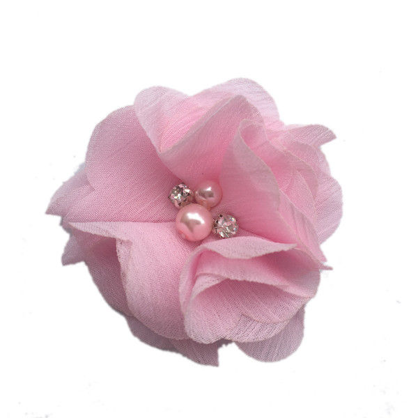 Chiffon_Flowers_Pink Chiffon Fabric Flowers PINK with Pearl & Rhinestone Centers 4pc - Image 1