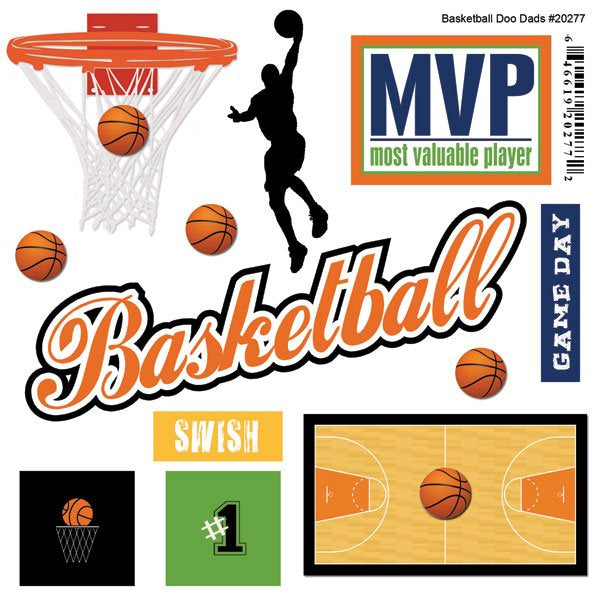 D184D5D0-5CFF-447E-B455-D2395C1ABDC0 Scrapbook Customs BASKETBALL Doo Dads Stickers 12pc - Image 1