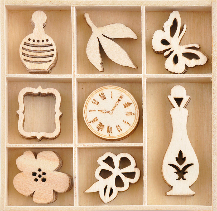 E13534B1-2E8C-4962-A088-23693C2C414A Kaisercraft ANTIQUITIES Wooden Flourishes Pack 40pc - Image 1