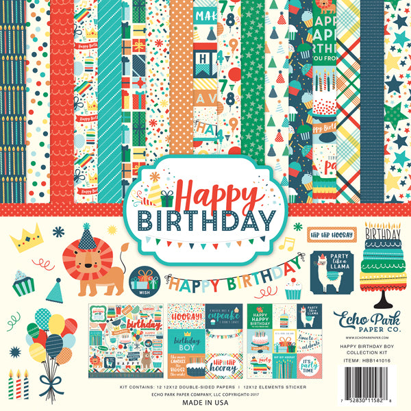 E1A9EA3A-07C1-461E-B5E3-C23B1ECA194E Echo Park HAPPY BIRTHDAY BOY 13pc 12”x12” Collection Kit - Image 1