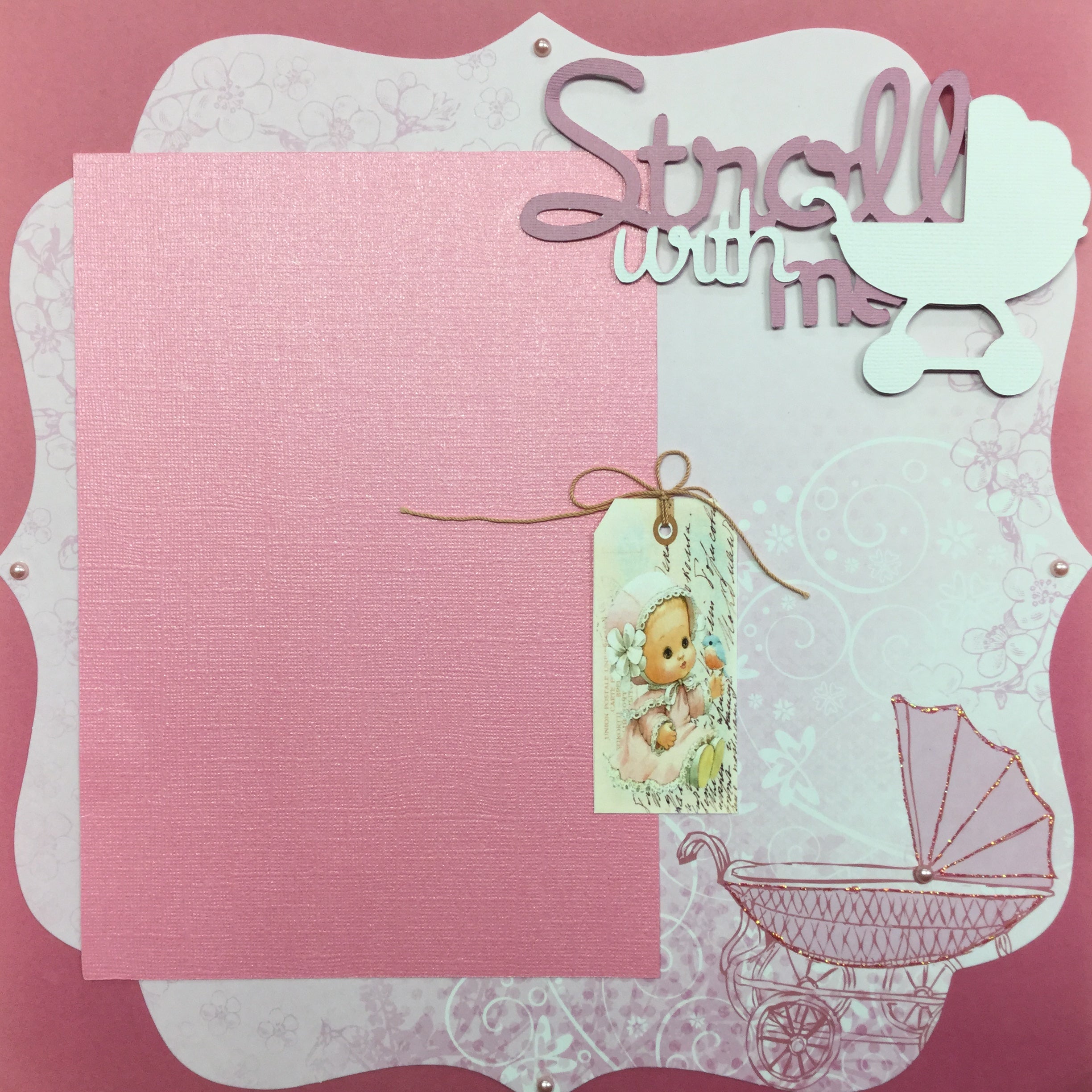 ECCF8C23-E2C4-448E-AEA0-0216AC5705EB Premade Scrapbook Page STROLL WITH ME (1) 12"x12" Baby Girl Layout - Image 1