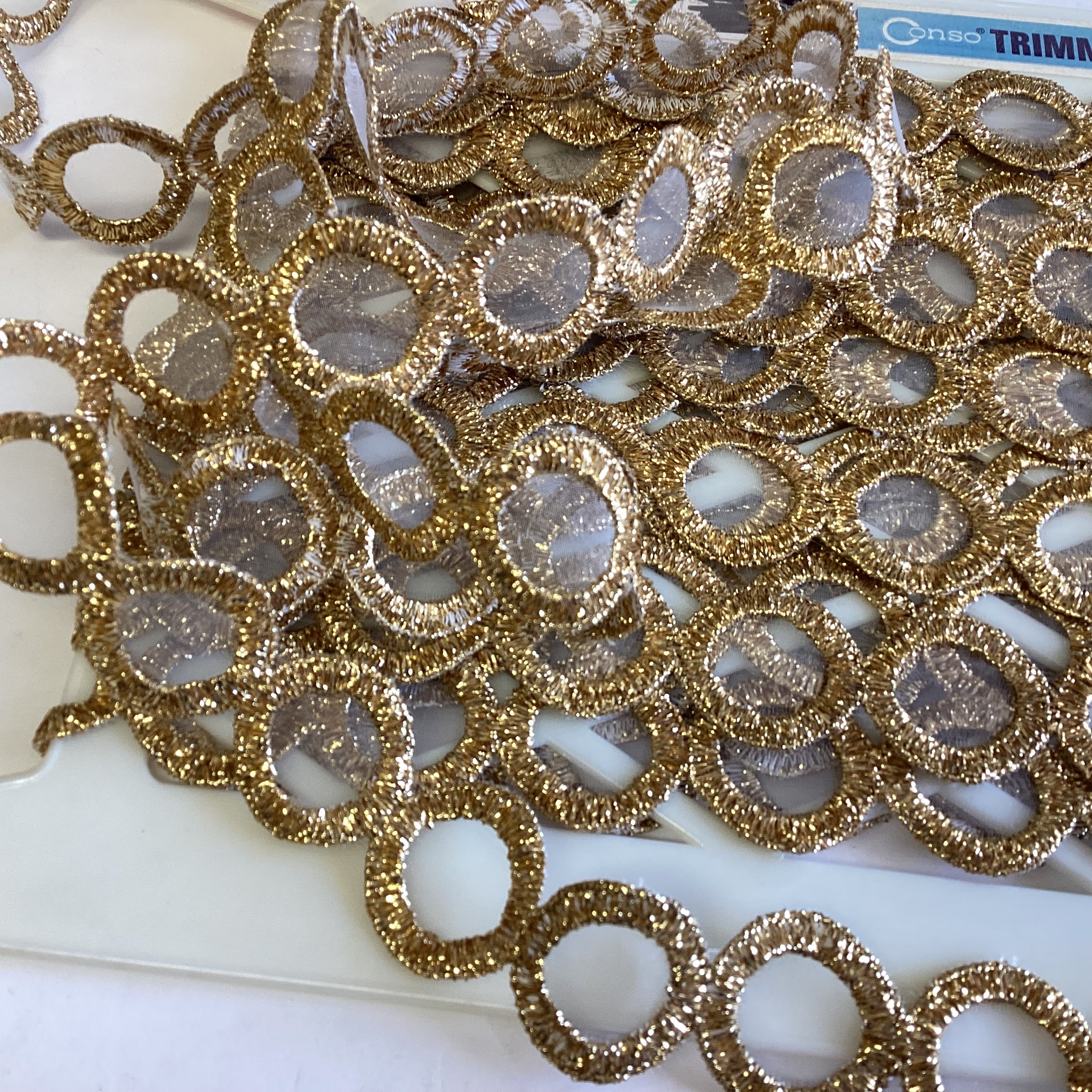 ED1E7AA9-8387-4F7D-A5DF-81C73978C924 Scrapbooksrus Vintage METALLIC GOLD PORT HOLE Ribbon Trim 1”X1yd - Image 1