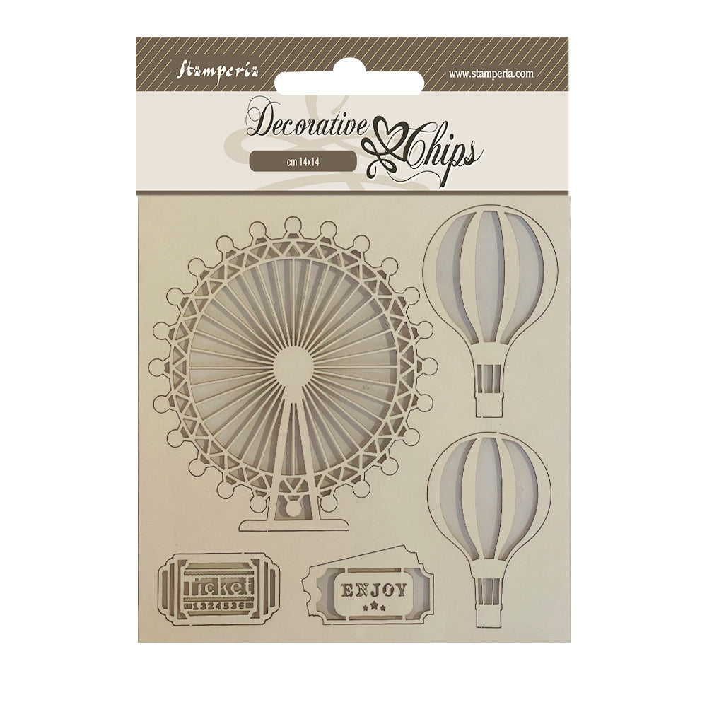 EFAE9A9E-FC44-4913-A45F-3A15281E308B Stamperia Decorative Chips AROUND THE WORLD BALLOONS Chipboard 5pc - Image 1