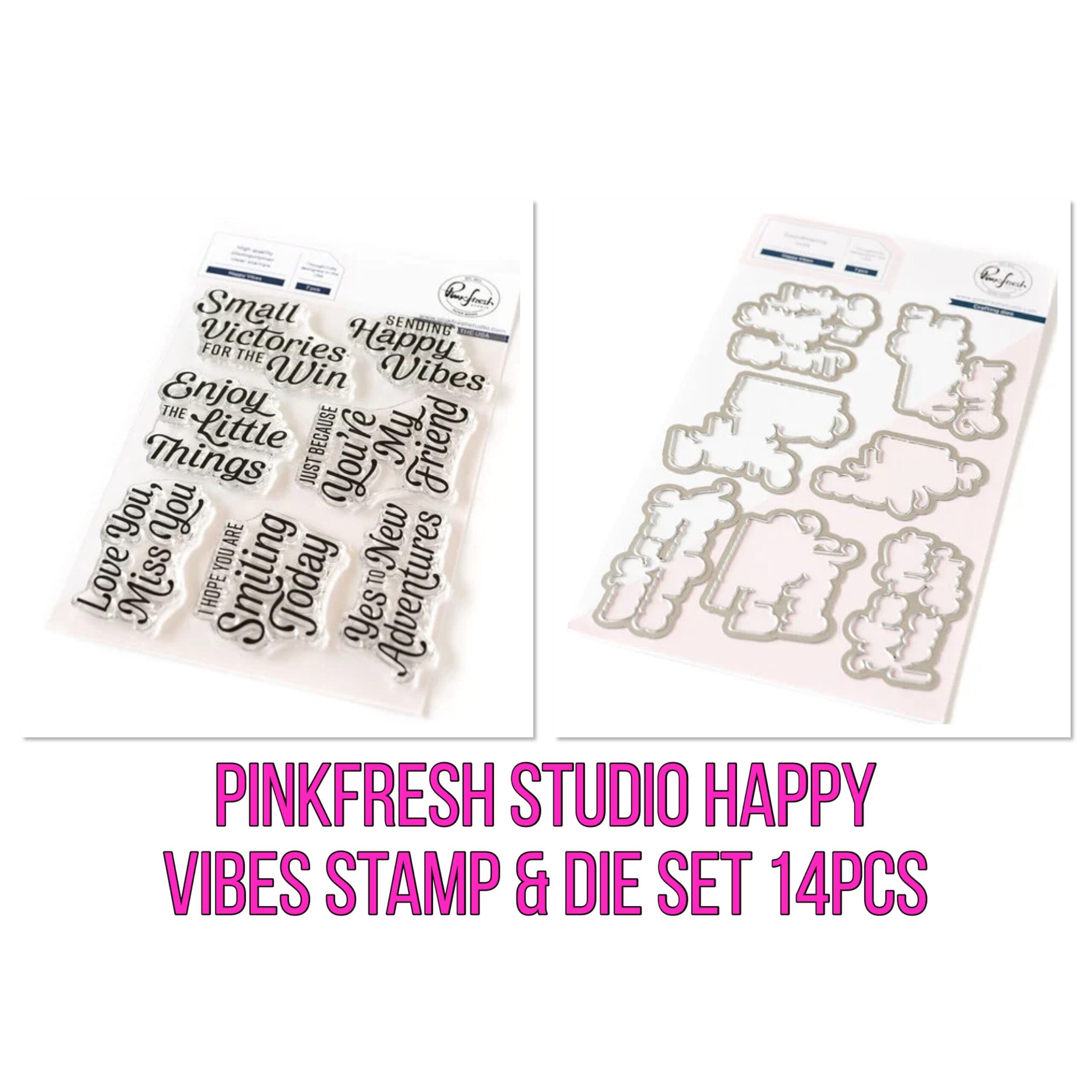 F4765D2C-D9E1-45C6-9026-B1F5FA0C5F19 Pinkfresh Studio HAPPY VIBES Stamp & Die Set 14pcs - Image 1