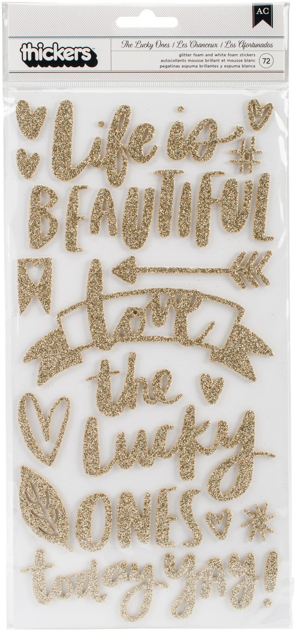 FB3079ED-1F63-4213-A50A-327D96695736 Thickers Amy Tangerine THE LUCKY ONES Glitter Gold & White Foam Phrase Stickers - Image 1