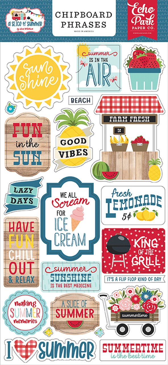 FD4B16B8-9722-4D56-AEE2-374617FB828D Echo Park 6"x12" A SLICE OF SUMMER Chipboard Phrases 22pc. - Image 1