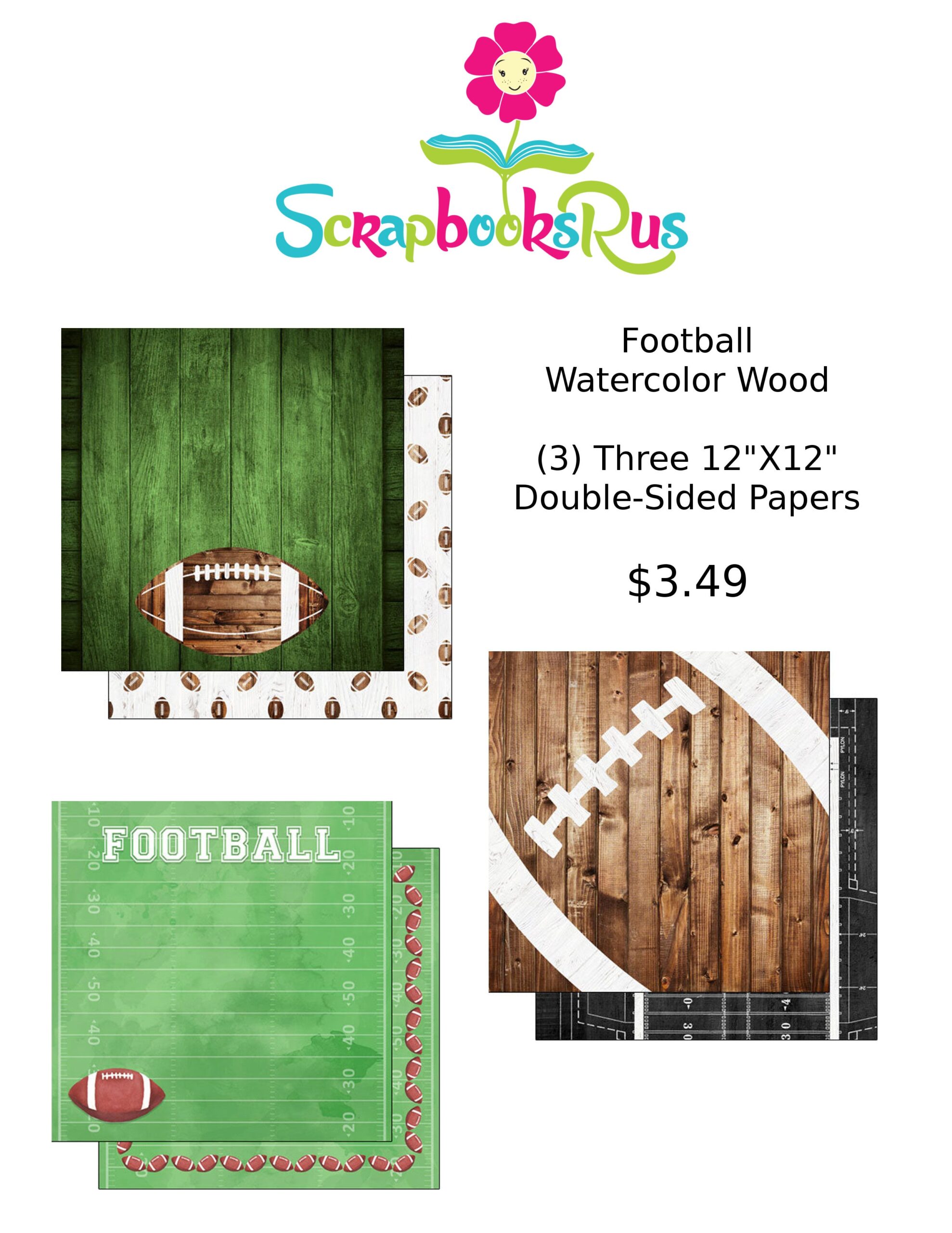 FootballWatercolor Football WATERCOLOR WOOD 12"X12" 3pc Sports Paper Pack - Image 1